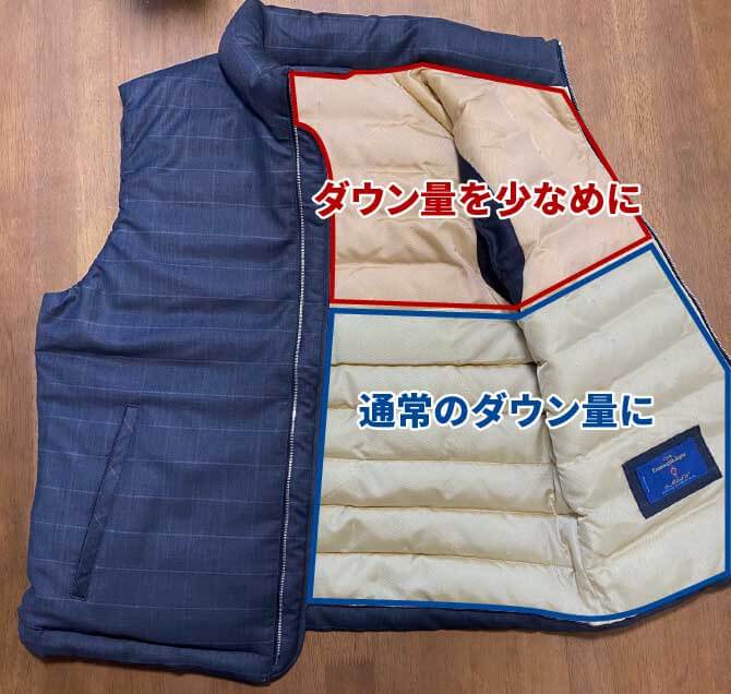 ゼニア生地を使用したオーダーメイドダウンベストのダウン量の調節
