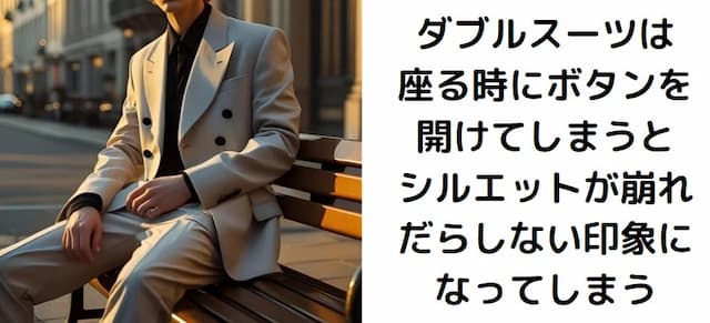 ボタンを開けて座るとだらしない印象になってしまうダブルスーツ