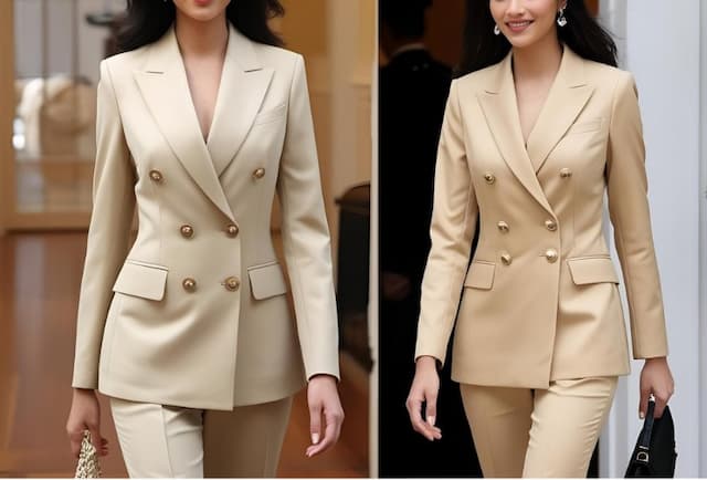 ベージュとグレージュの女性向けダブルスーツ画像