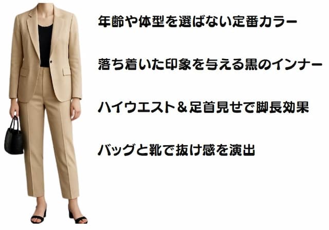 ベージュカラーの夏用レディーススーツコーデ