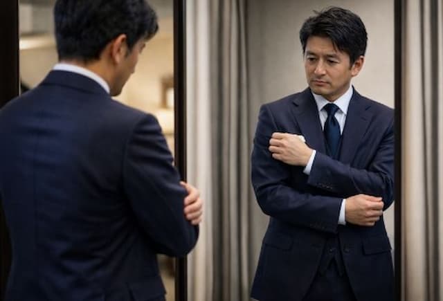 鏡の前でスーツの着こなしを確認する男性