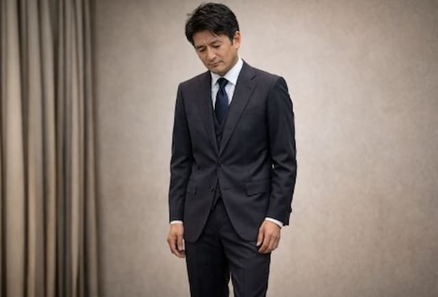 うなだれるスーツ姿の男性画像