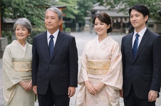 祖父母と父母が並んでいるお宮参りの風景