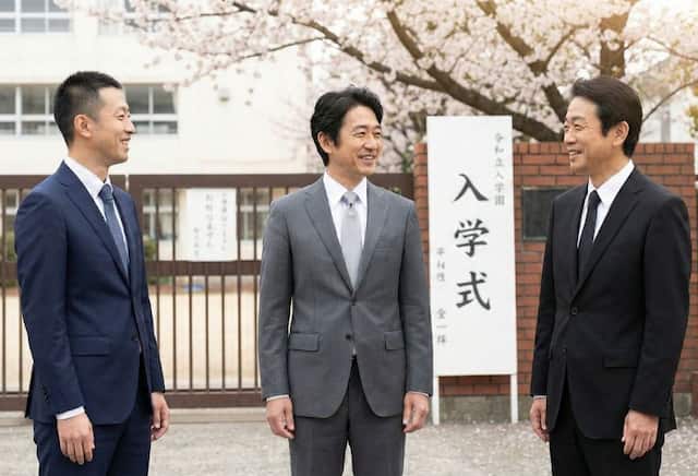 入学式で談笑するスーツ姿の父親3人