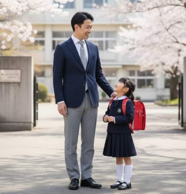 ジャケパンで入学式に参加する父親