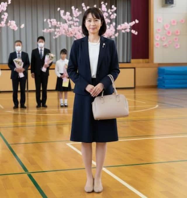 スカートスーツで入学式に参加するママ