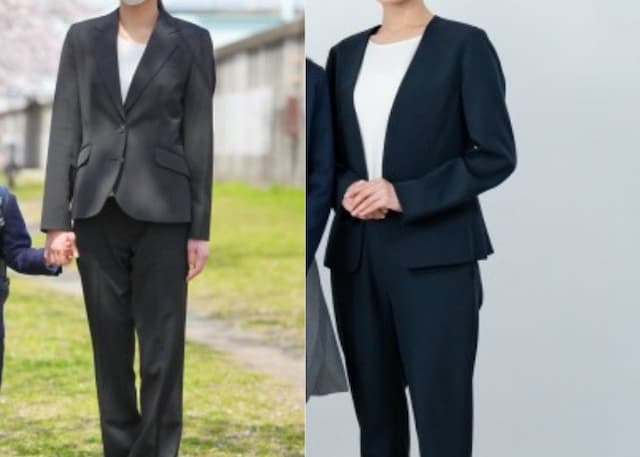 シンプルなパンツスーツ姿のママ