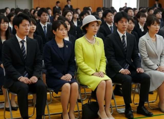 極端に目立つスーツを着ているママ