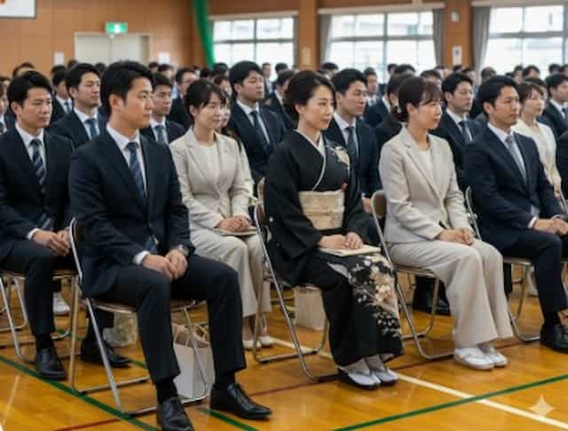 入学式に参加する保護者の中に着物のママがいる