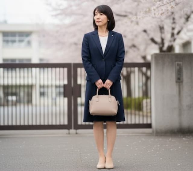 暗めのスーツを着て入学式に参加するママ