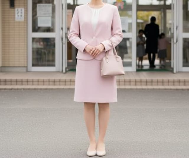 ピンクのスカートスーツを着て入学式に参加するママ