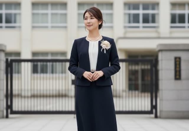 パールネックレスとコサージュを付けた入学式のママ