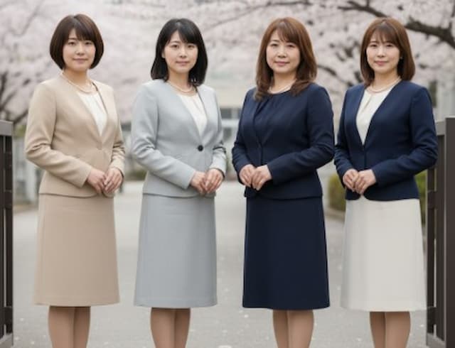 さまざまなスーツを着た入学式のママたち