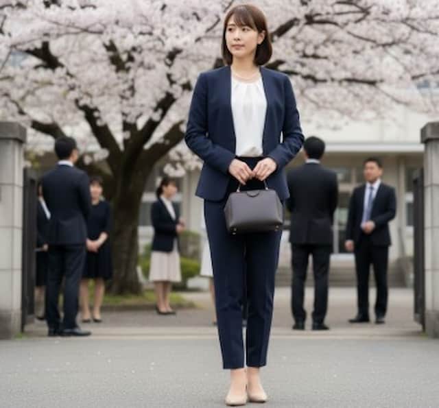 パンツスーツで入学式に参加するママ