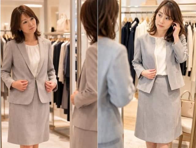 試着室で首をかしげる女性