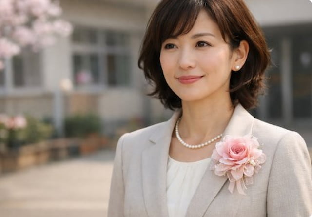 コサージュを付けたスーツ姿の女性