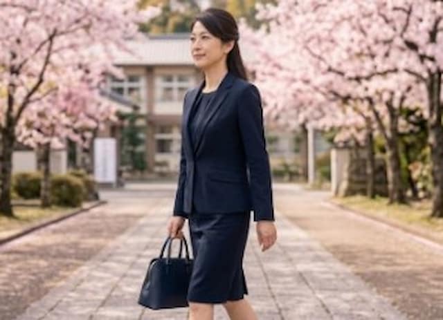 シンプルなスーツで入学式に参加する母親