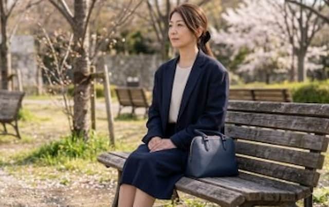 スーツを着てベンチに座る40代の女性