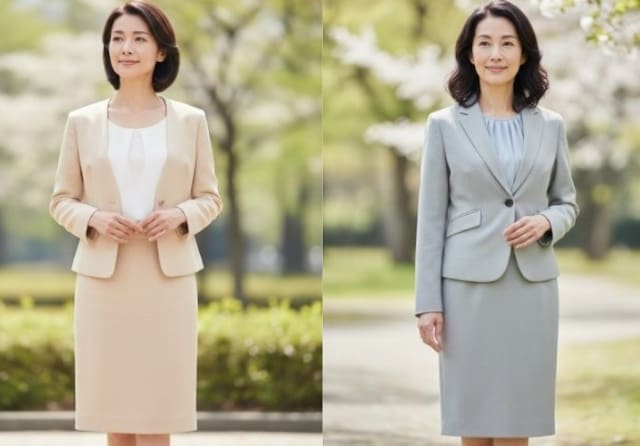 ベージュとライトグレーのスーツを着た40代女性