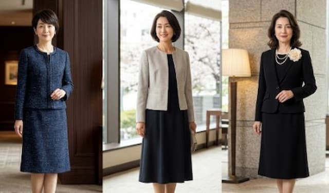 さまざまなスーツに身を包む3人の50代女性