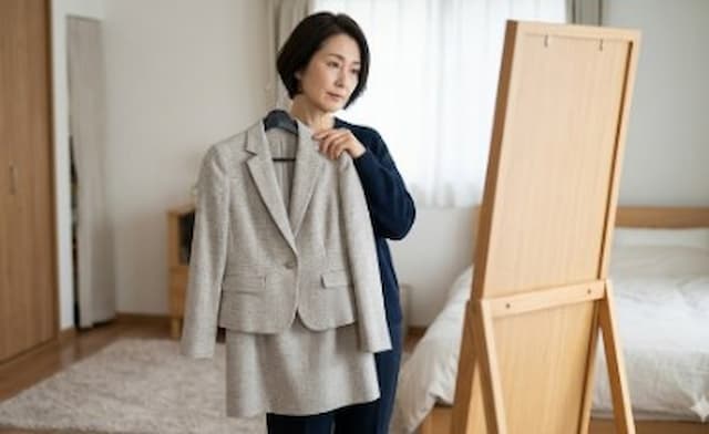 スーツを体に合わせて不安げな50代女性