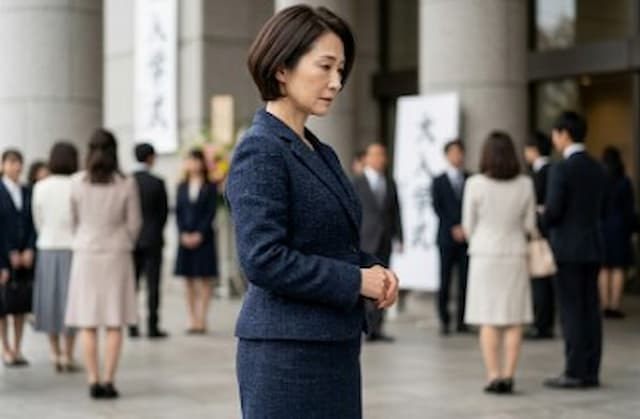 ゴワゴワした質感のスーツを着た50代女性