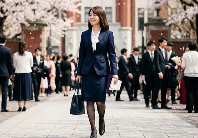 ネイビーのスーツを着た女子大生