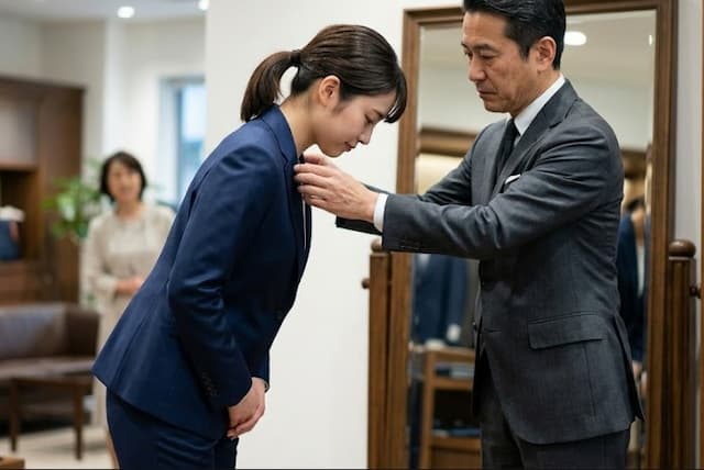 お辞儀をしたときの胸元をチェックしている様子