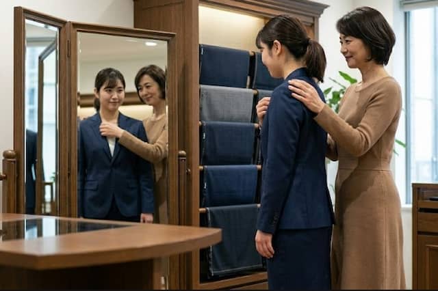 鏡の前でスーツの試着をする母娘