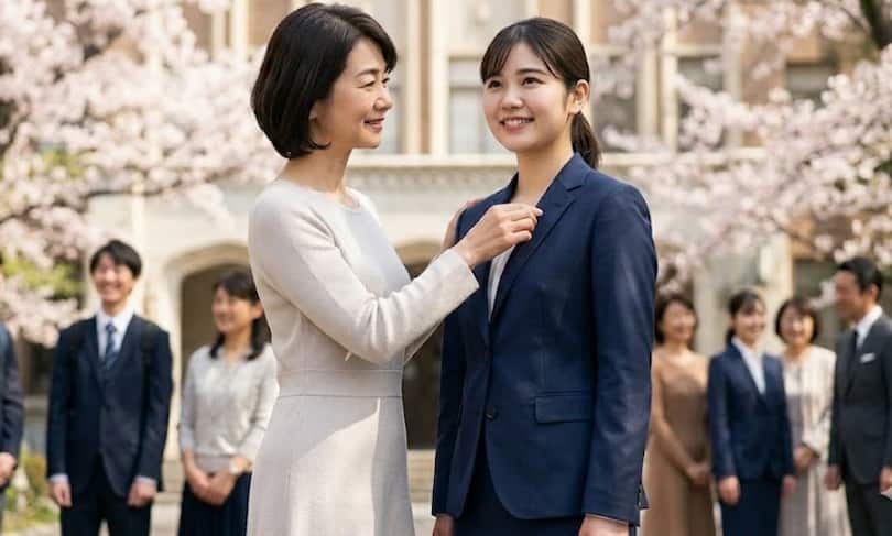 大学の入学式に参加する母娘