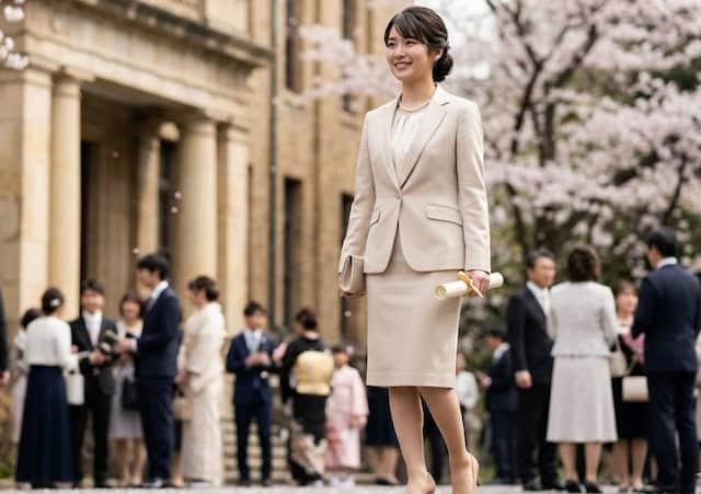 ベージュのスーツを着用した女子大生