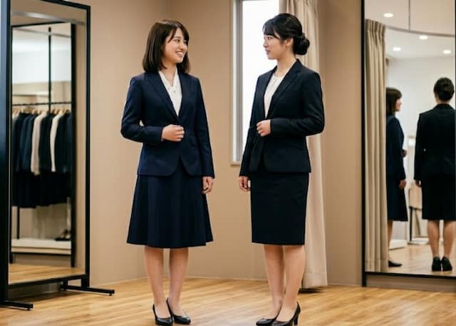 フィッティングルームで向き合う女子大生二人