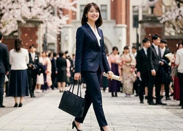 パンツスーツを着用した女子大生