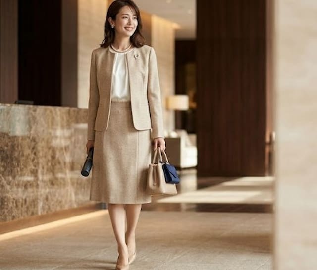 ベージュのスーツを着用した女性画像